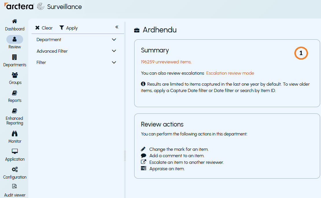 A sample page showing review summary of selected departments