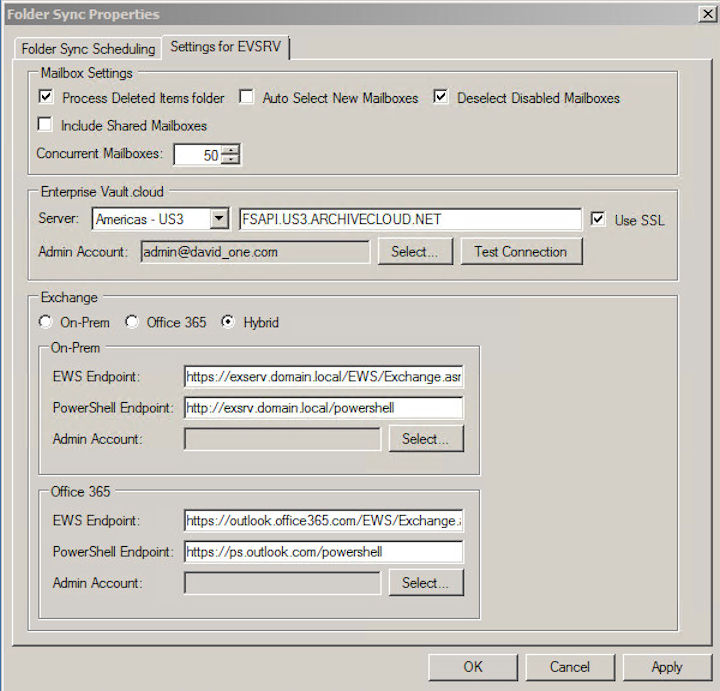 Folder Sync Properties dialog with Settings tab selected.