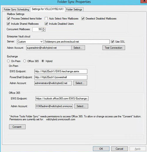 Folder Sync Properties dialog with Settings tab selected.