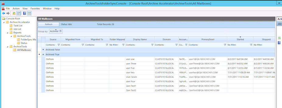 All Mailboxes table, grouped by a  selected column's values