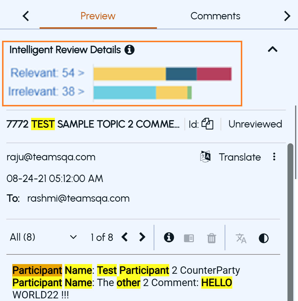 Preview pane showing the IR details, hit highlighting, managing text for learning, and AI-predicted labels