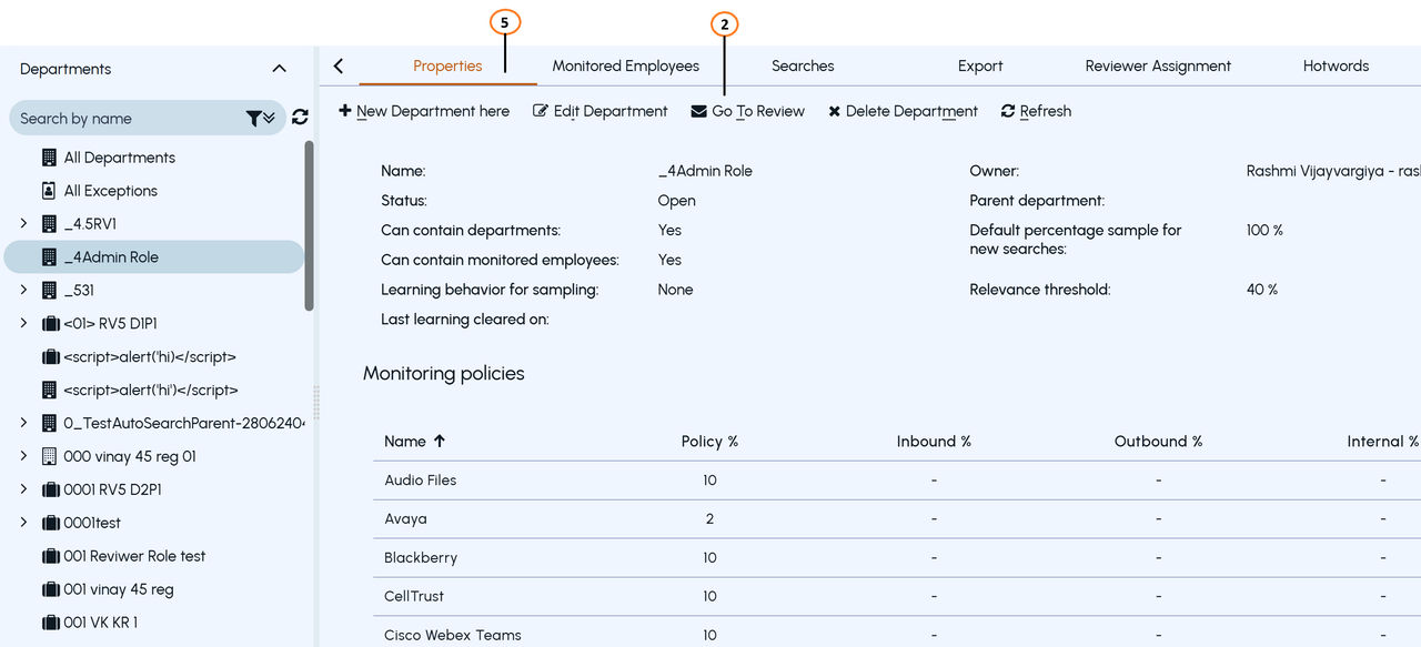 A sample page after selecting a single department