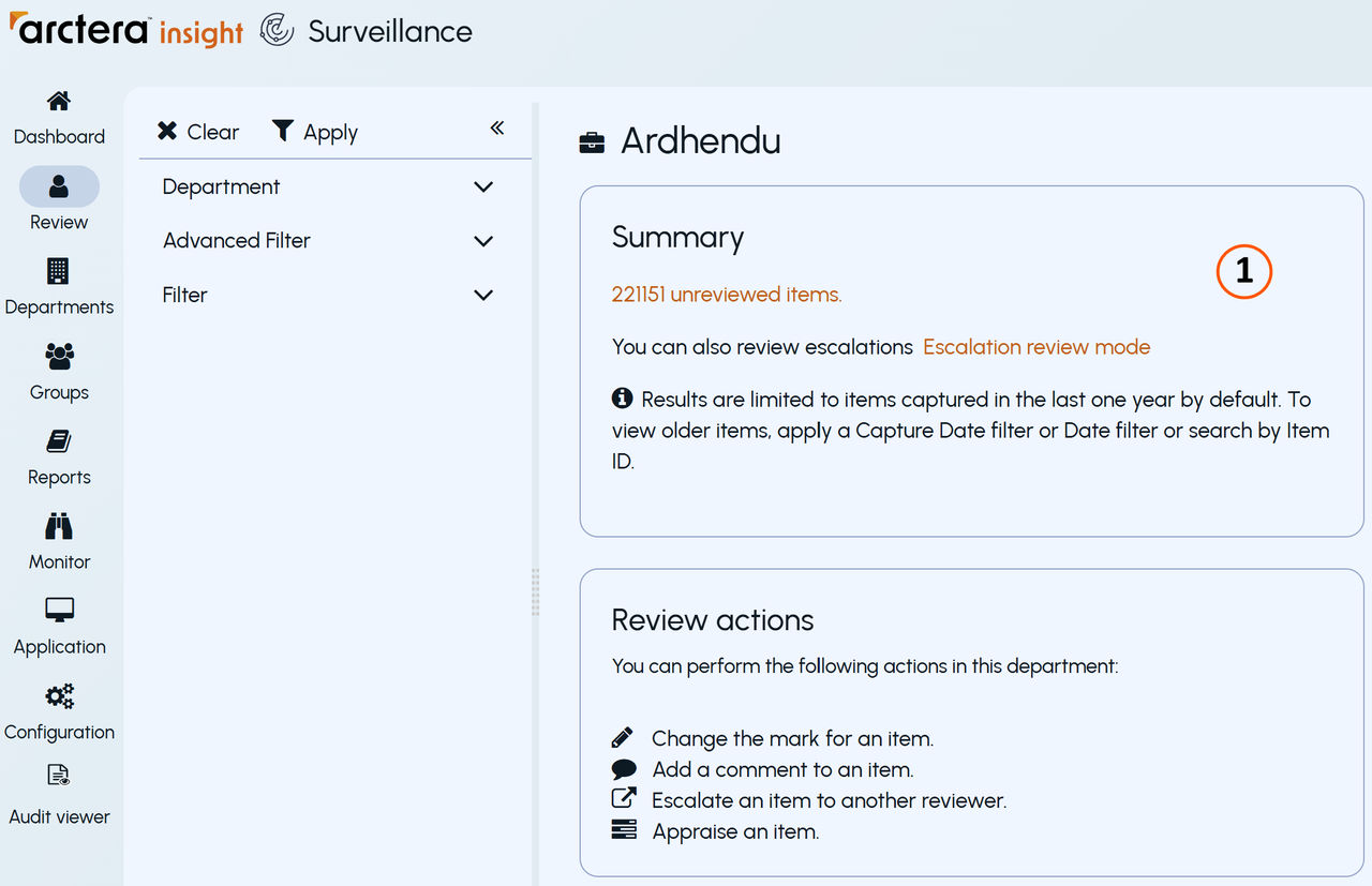 A sample page showing review summary of selected departments